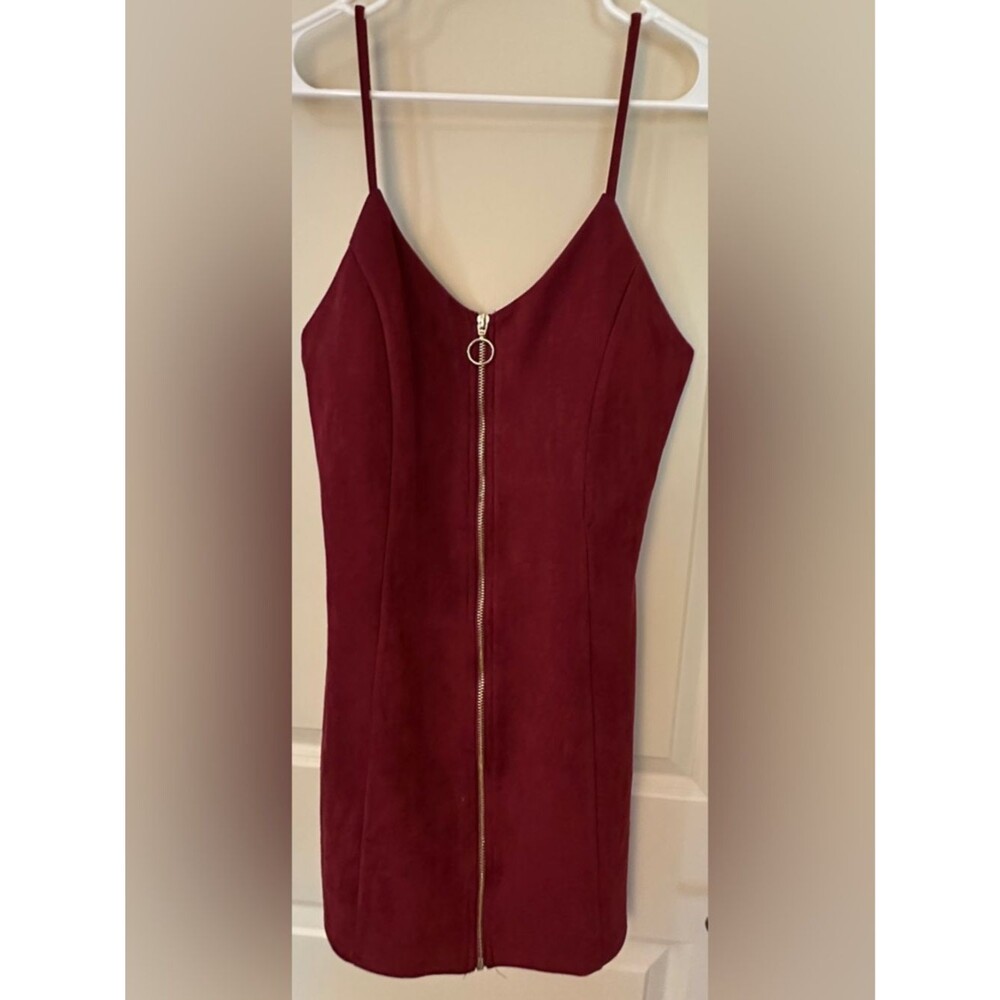 iris cranberry mini faux suede zip up padded dress womens sz medium